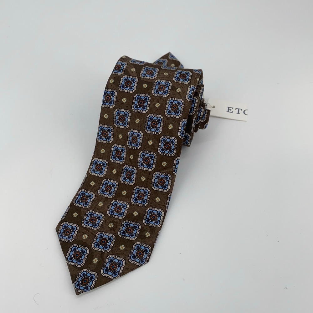 Eton Tie‎ Mens One Size Brown Blue Patterned Silk Classic Necktie Italy Made